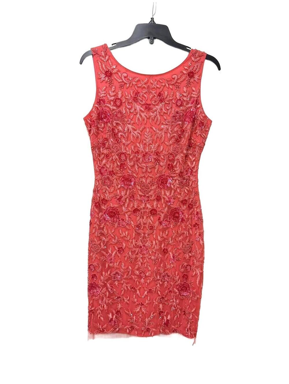 Badgley Mischka Coral Red Silk Floral Beaded Sequin Cocktail Dress Size 4